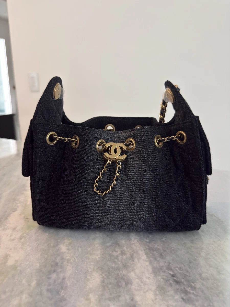 Chanel 25 Denim Mini Bag in Black with Gold Chain