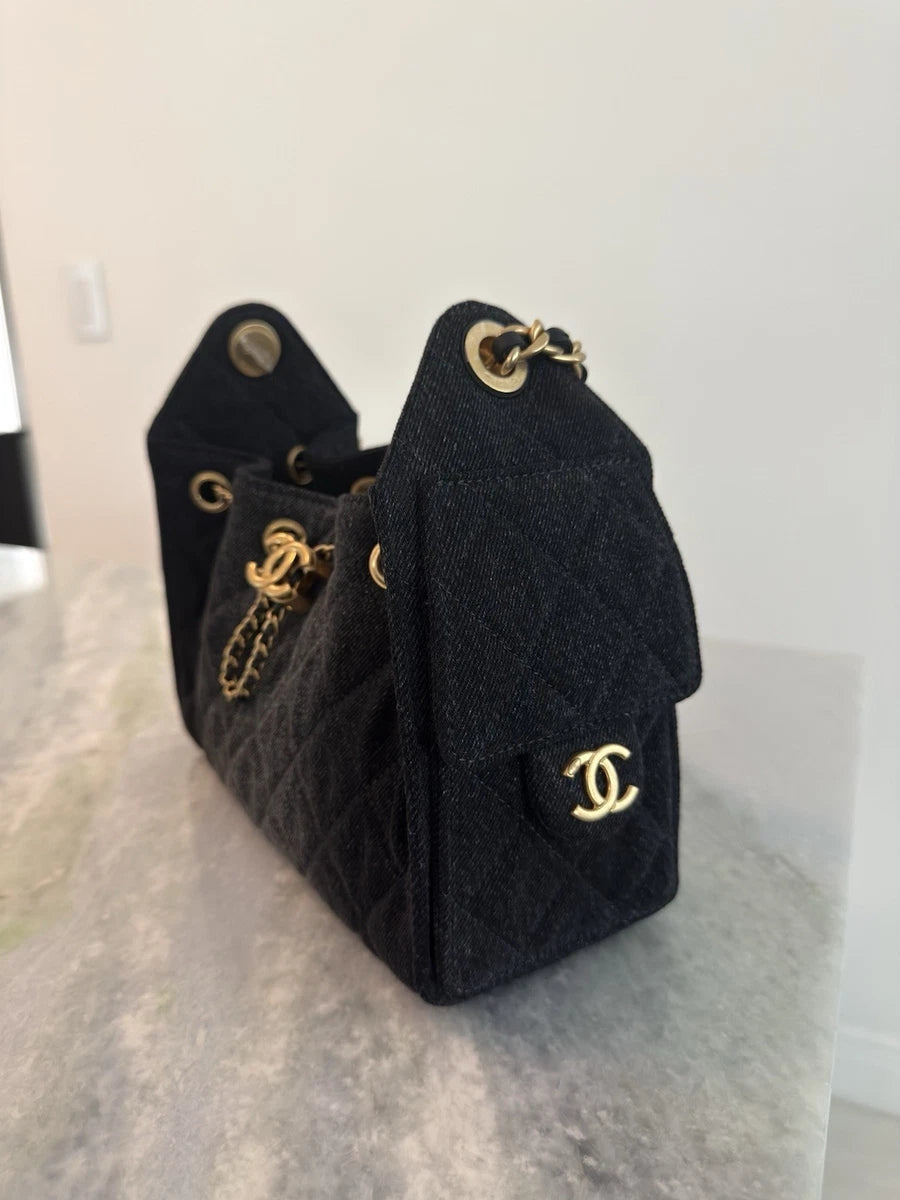 Chanel 25 Denim Mini Bag in Black with Gold Chain